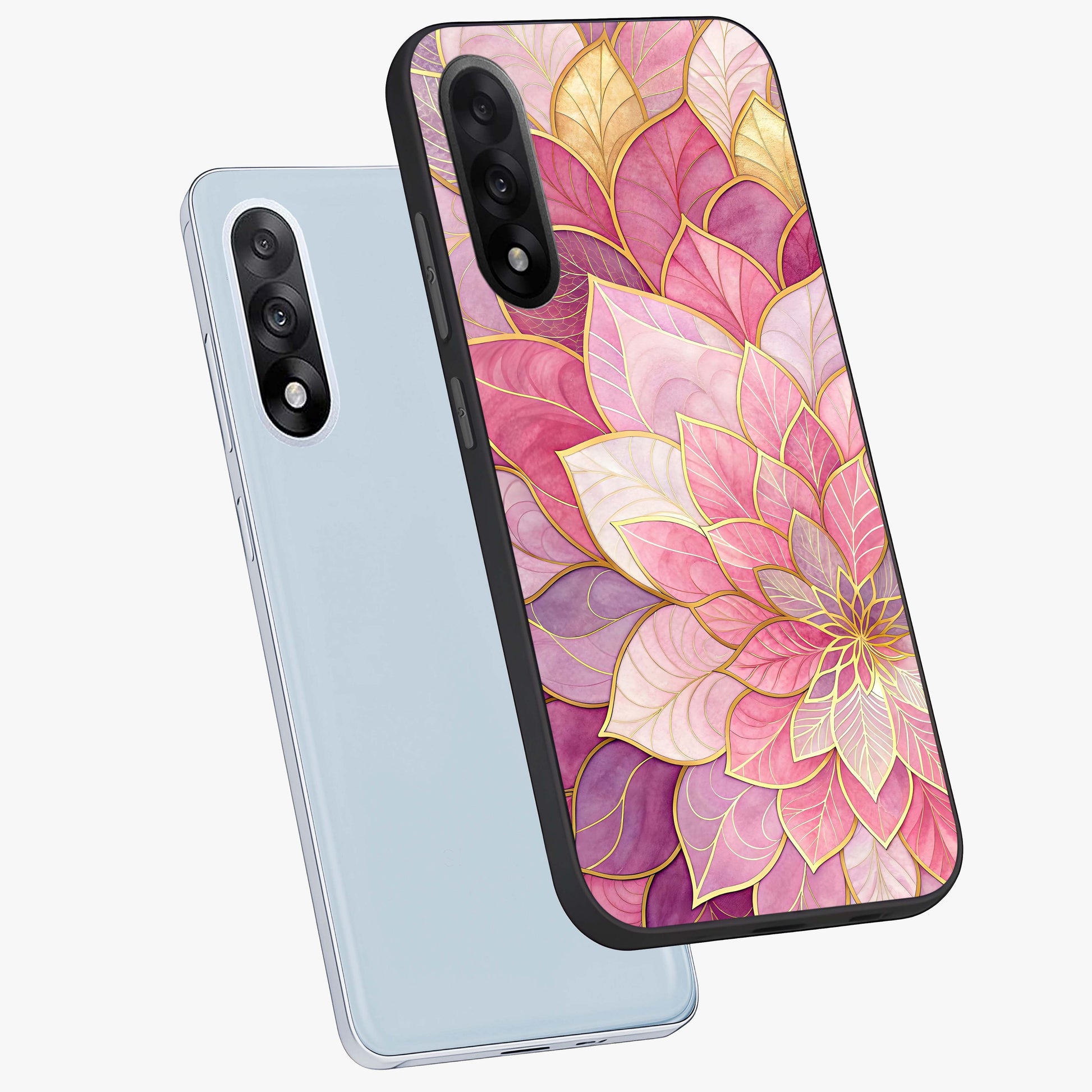 Petal Luxe Bloom Glass Case for 1+Nord 5 angled mockup showcasing glossy finish and vibrant bloom accents