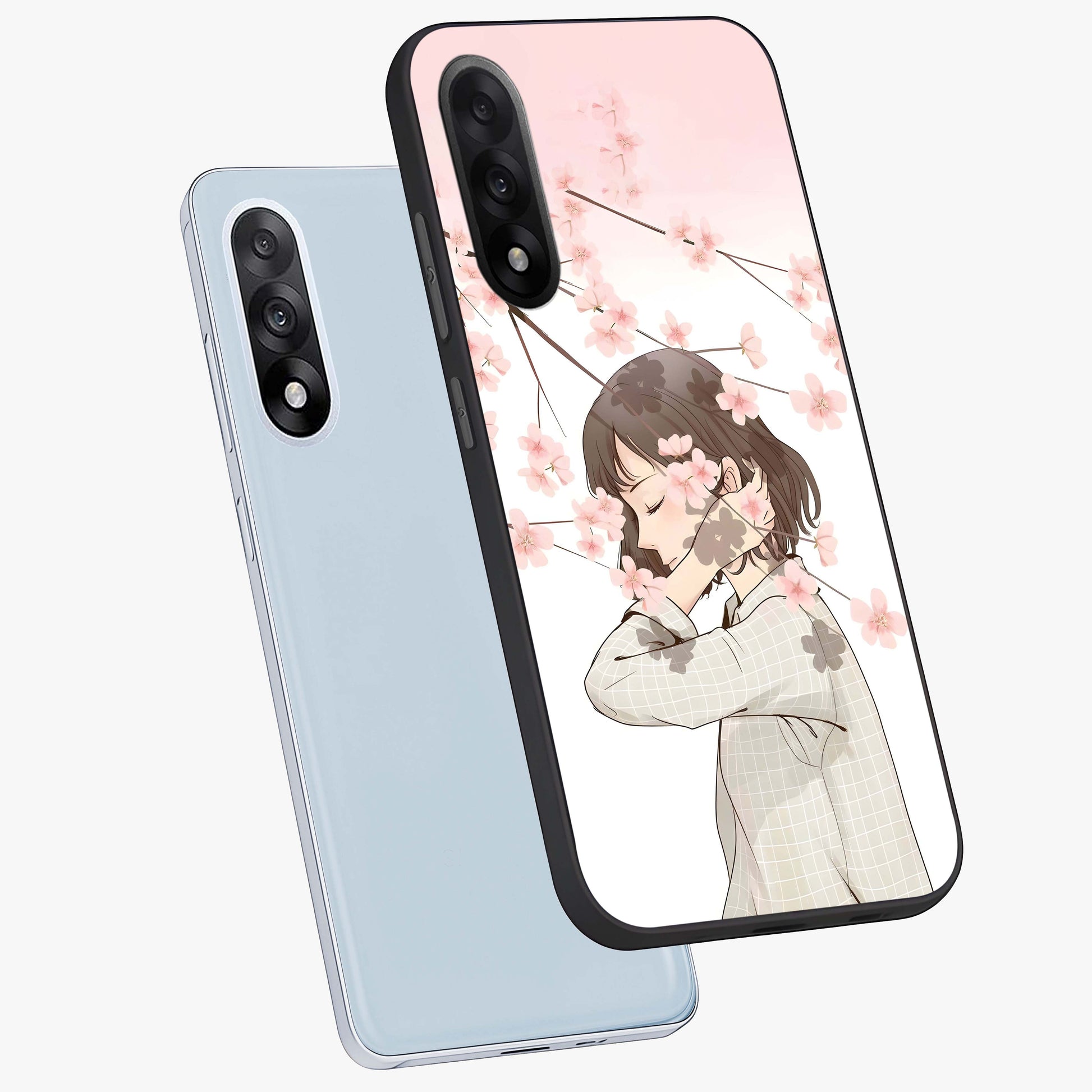 Pink Blossom Girl Glass Case for 1+Nord 5 angled mockup showcasing glossy finish and pastel floral detailing