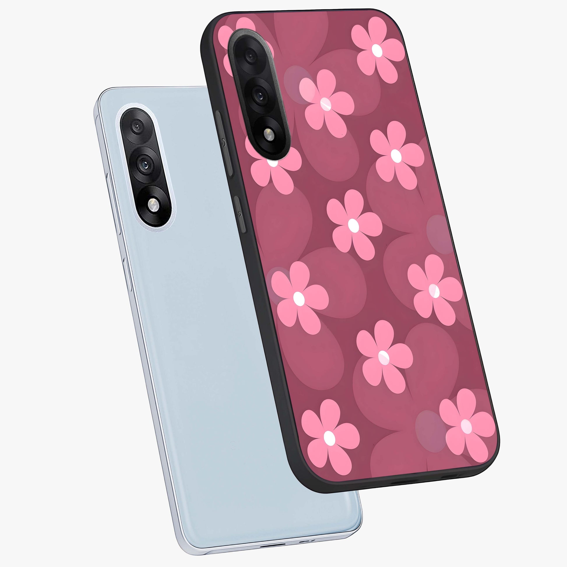 Pink Daisy Flower Pattern Glass Case for 1+Nord 5 angled mockup showcasing glossy finish and playful bloom detailing