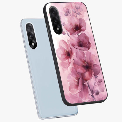 Pink Floral Glass Case for 1+Nord 5 angled mockup showcasing glossy finish and delicate bloom detailing