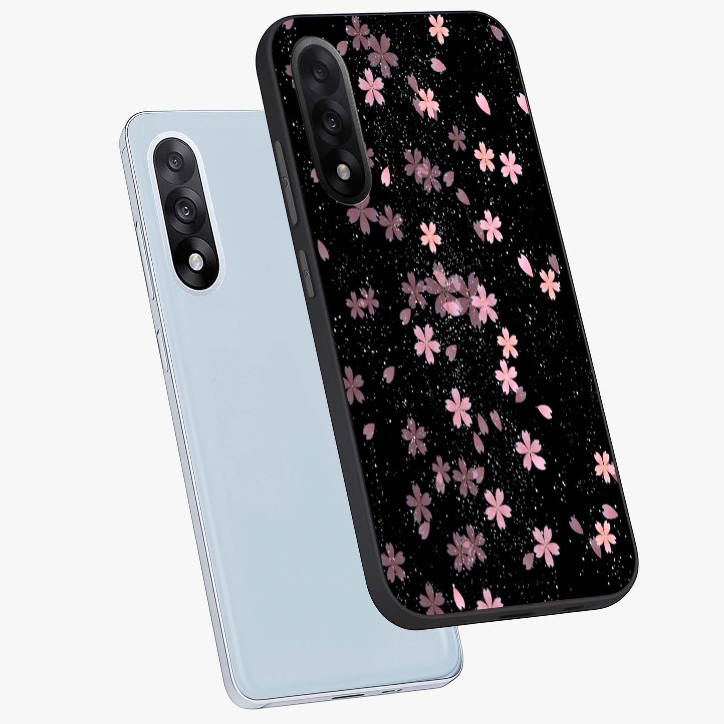 Pink Flower Black Background Glass Case for 1+Nord 5 angled mockup showcasing glossy finish and bold contrast tones