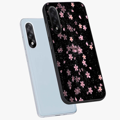 Pink Flower Black Background Glass Case for 1+Nord 5 angled mockup showcasing glossy finish and bold contrast tones