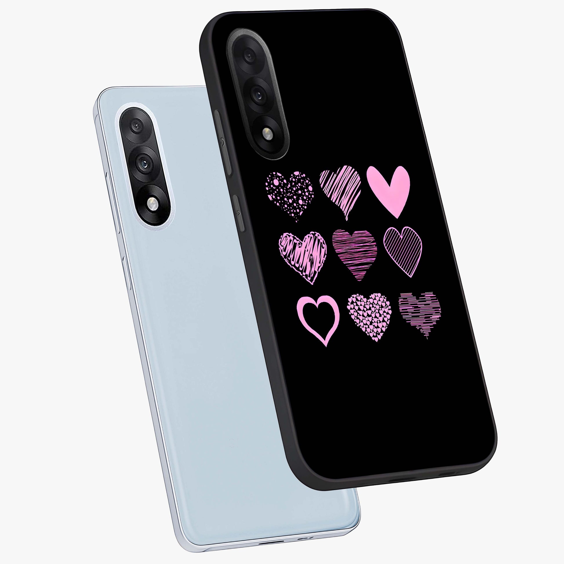 Pink Heart Aesthetic Glass Case for 1+Nord 5 angled mockup showcasing glossy finish and pastel romantic detailing