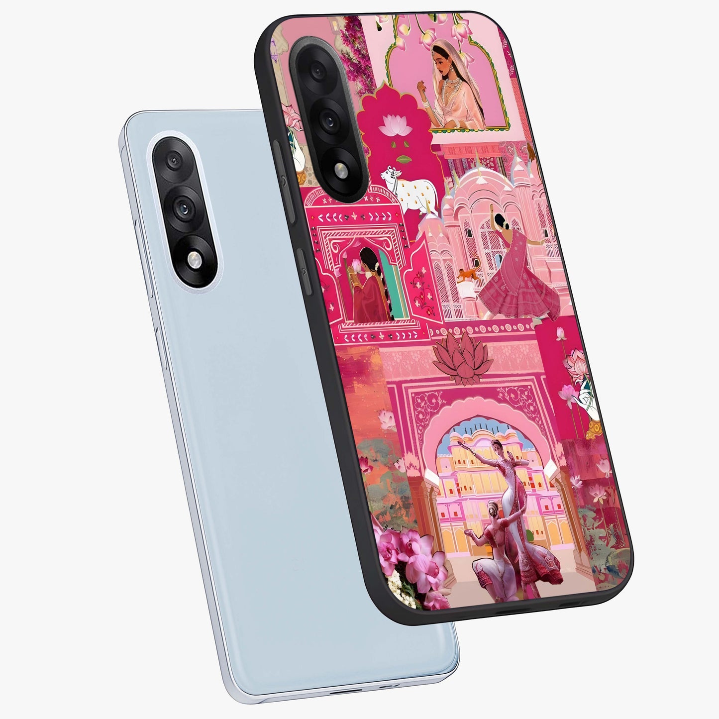 Pink Palace Muse Glass Case for 1+Nord 5 angled mockup showcasing glossy finish and refined architectural detailing