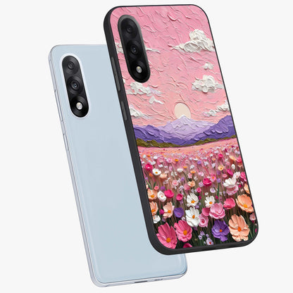 Pink Pastel Groovy Art Glass Case for 1+Nord 5 angled mockup showcasing glossy finish and vibrant abstract detailing