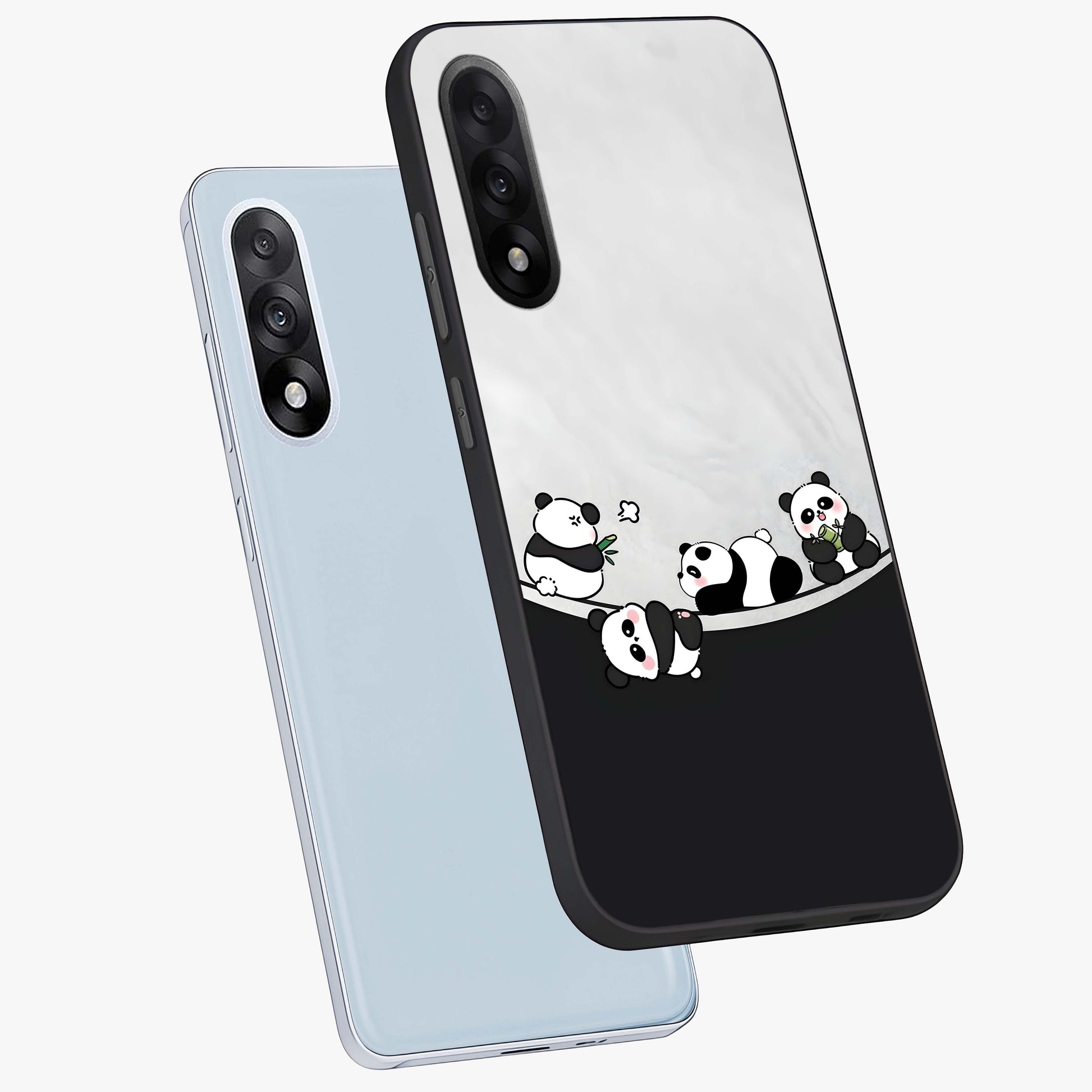 Playful Panda Parade Glass Case for 1+Nord 5 angled mockup showcasing glossy finish and soft pastel tones