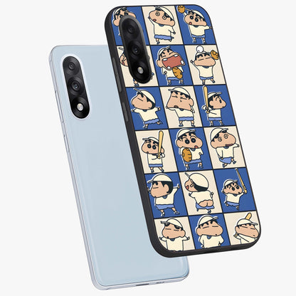 Playful Shin Swing Glass Case for 1+Nord 5 angled mockup showcasing glossy finish and vibrant cartoon detailing