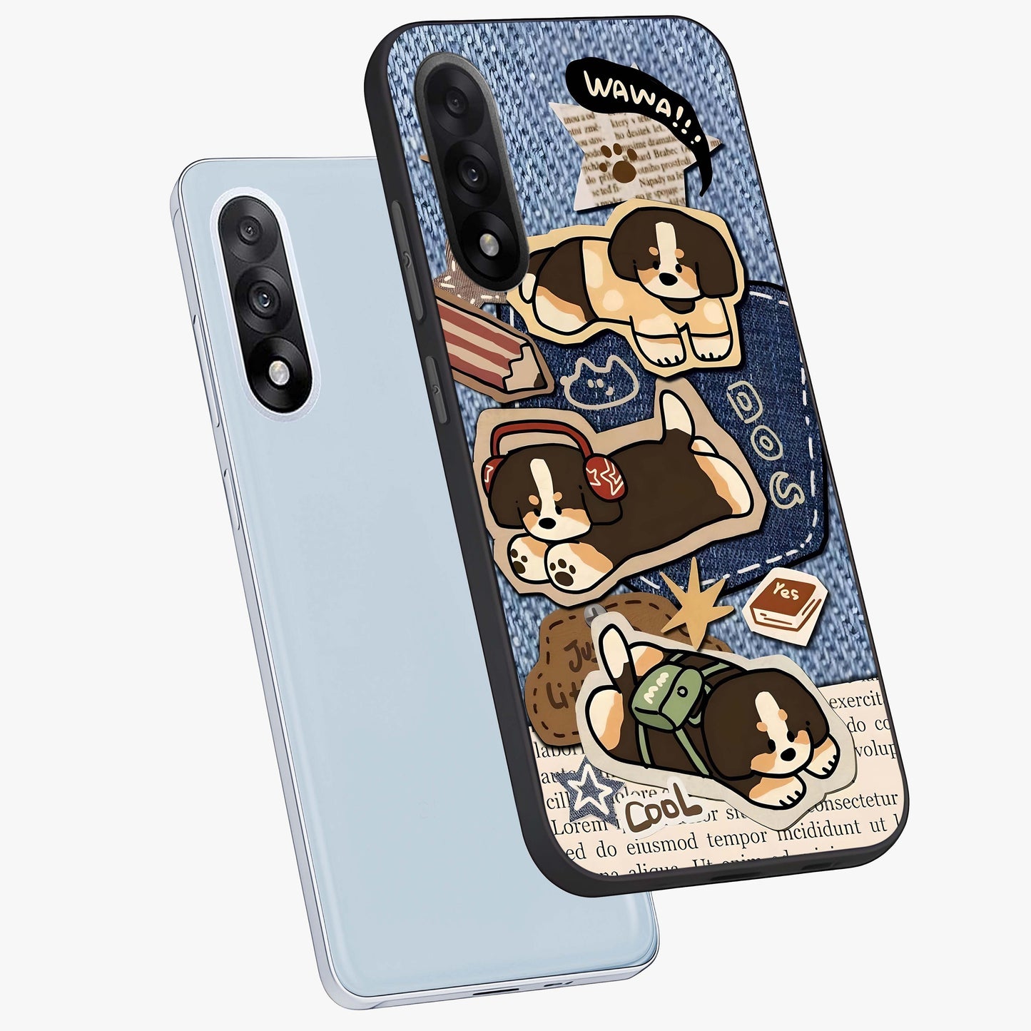 Puppy Sticker Parade Glass Case for 1+Nord 5 angled mockup showcasing glossy finish and colorful cartoon detailing