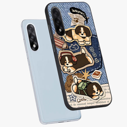 Puppy Sticker Parade Glass Case for 1+Nord 5 angled mockup showcasing glossy finish and colorful cartoon detailing