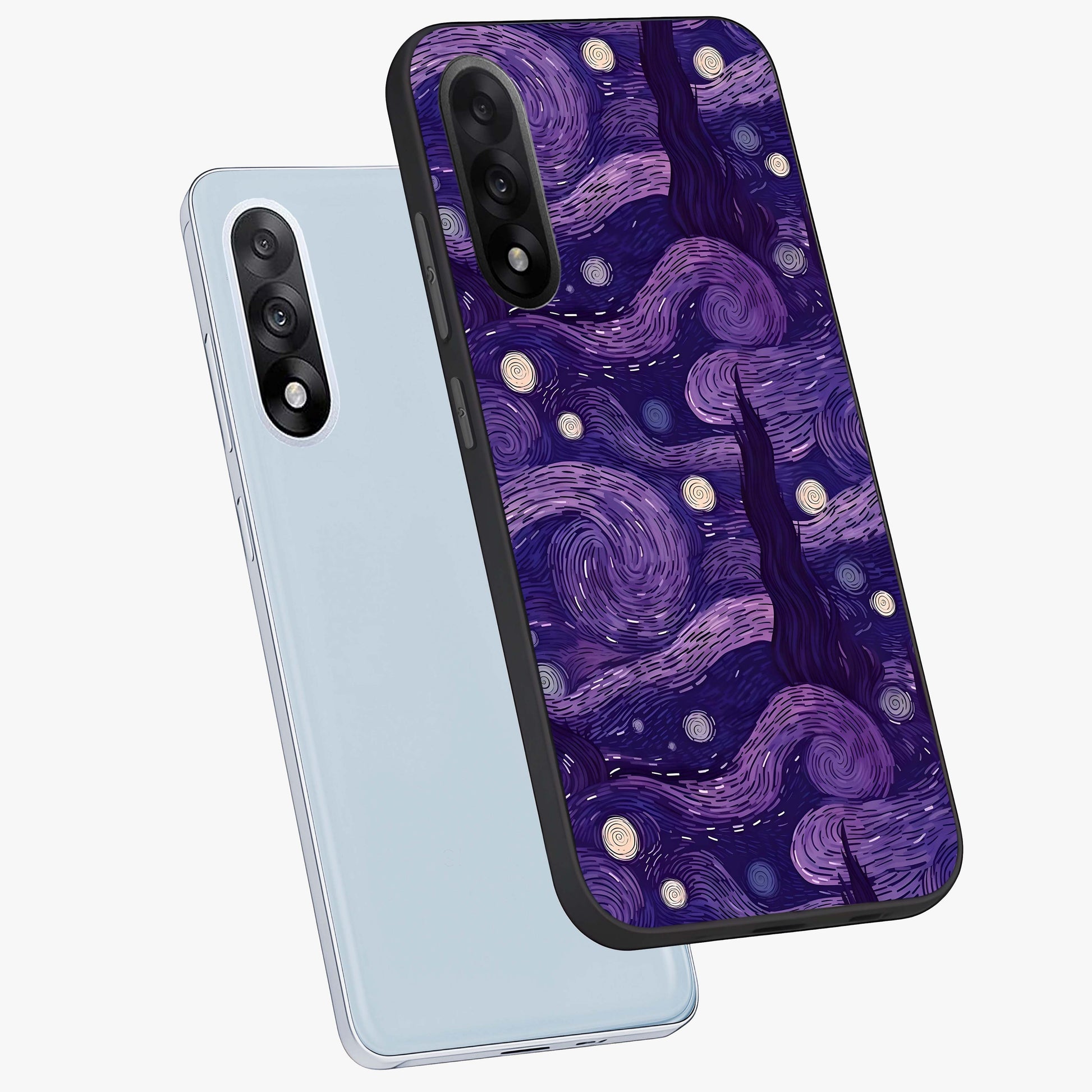 Purple Swirls Glass Case for 1+Nord 5 angled mockup showcasing glossy finish and smooth gradient detailing