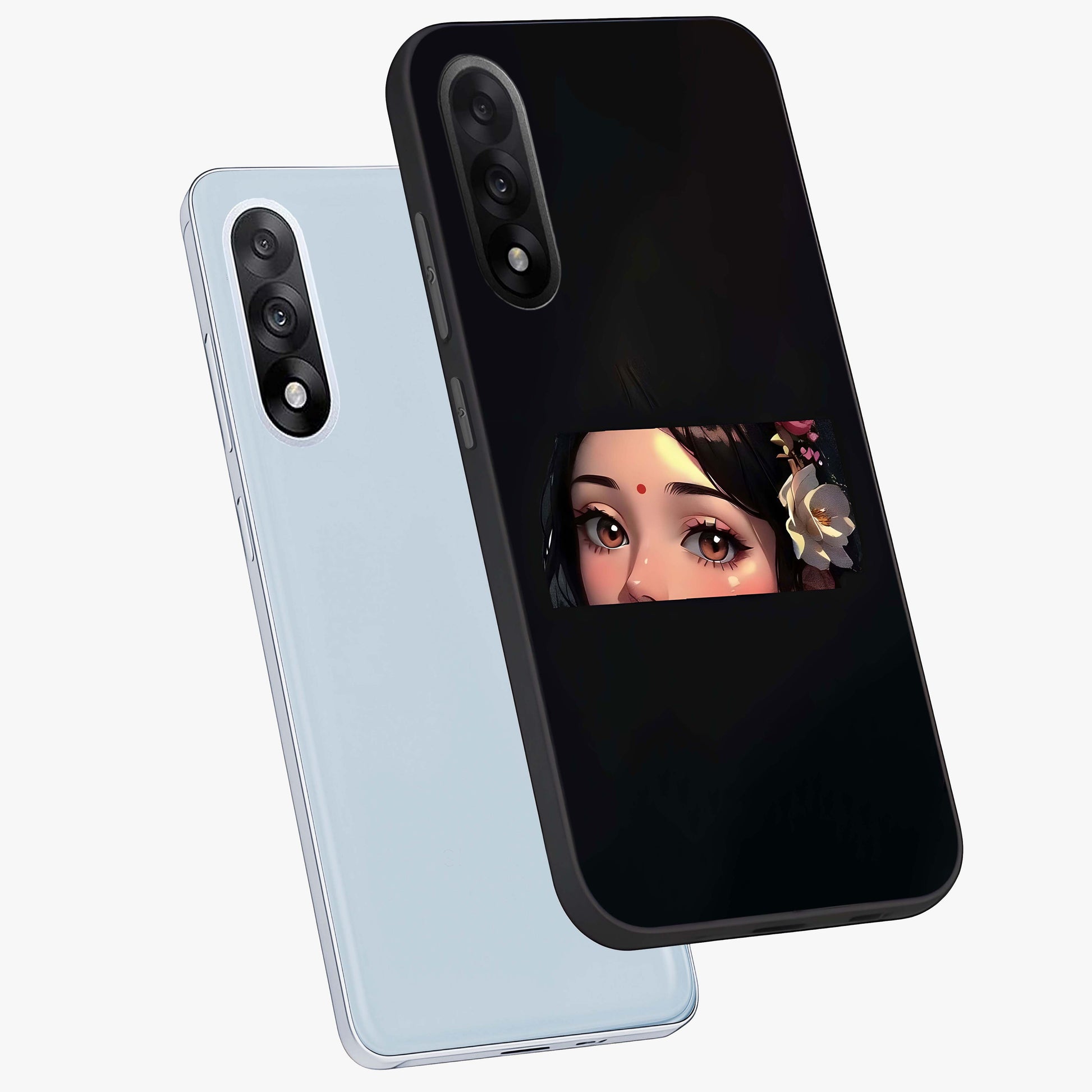 Radha Divine Embrace Glass Case for 1+Nord 5 angled mockup showcasing glossy glass finish and vibrant spiritual tones