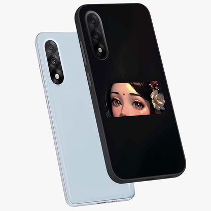 Radha Divine Embrace Glass Case for 1+Nord 5 angled mockup showcasing glossy glass finish and vibrant spiritual tones