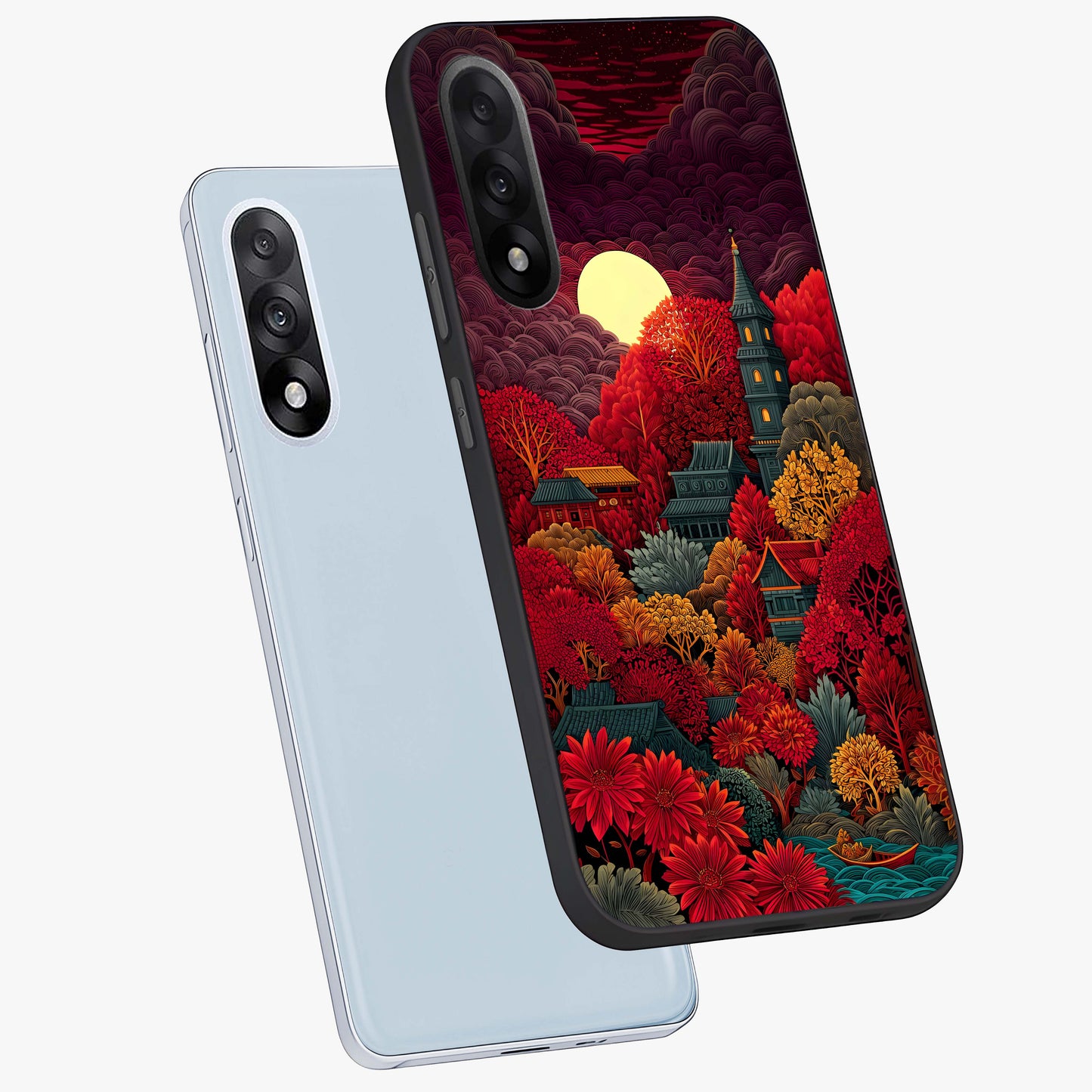 Red Scenery Hot Glass Case for 1+Nord 5 angled mockup showcasing glossy finish and intense sunset tones