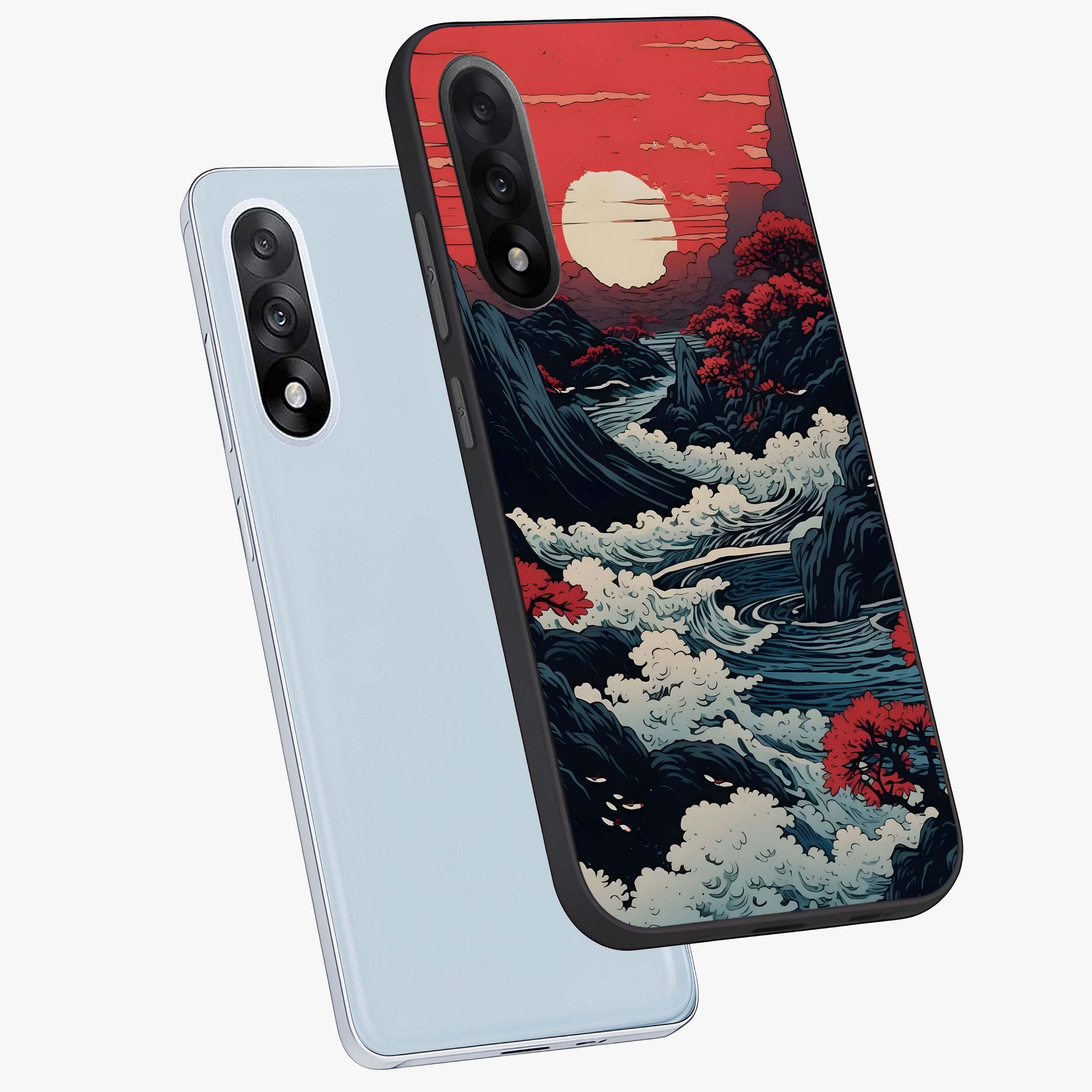 Red Sunset Scenery Glass Case for 1+Nord 5 angled mockup showcasing glossy finish and rich crimson tones