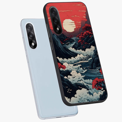 Red Sunset Scenery Glass Case for 1+Nord 5 angled mockup showcasing glossy finish and rich crimson tones