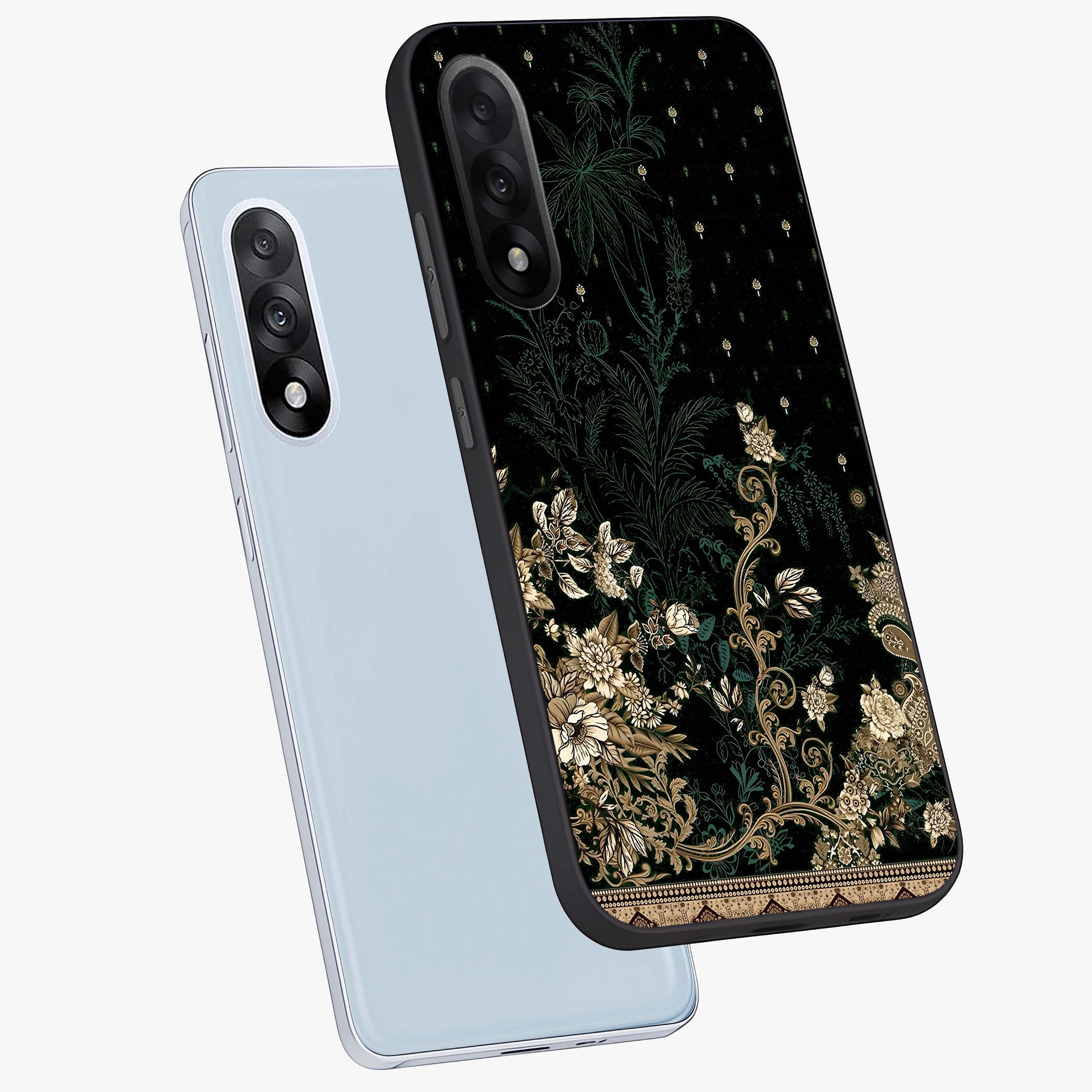 Regal Botanical Tapestry Glass Case for 1+Nord 5 angled mockup showcasing glossy finish and rich heritage tones