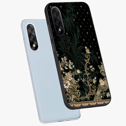 Regal Botanical Tapestry Glass Case for 1+Nord 5 angled mockup showcasing glossy finish and rich heritage tones