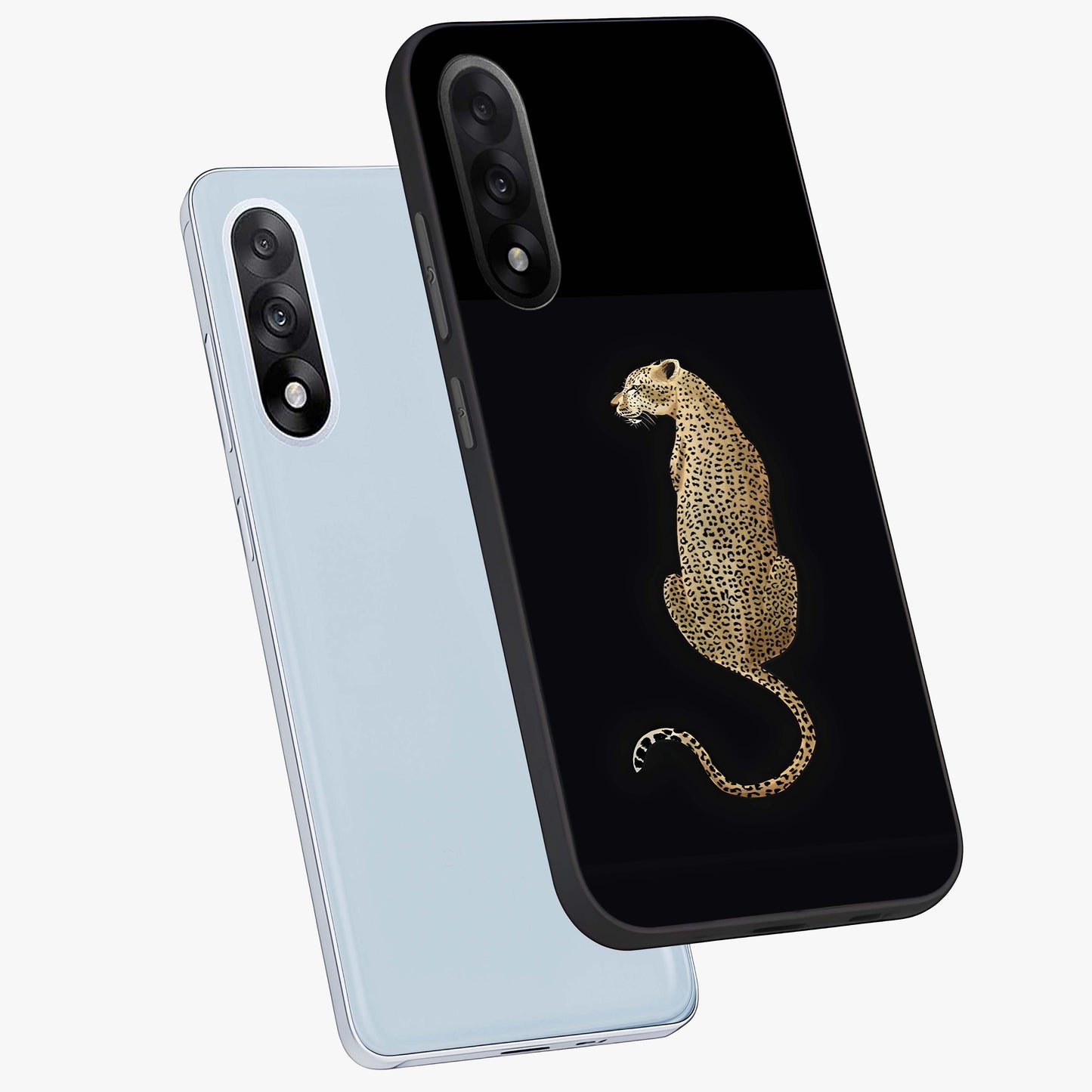Regal Leopard Glass Case for 1+Nord 5 angled mockup showcasing glossy glass finish and detailed animal textures