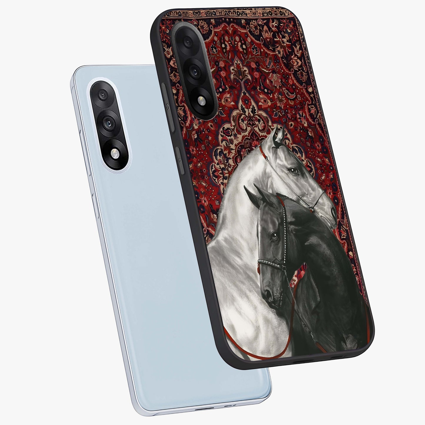 Regal Stallion Tapestry Glass Case for 1+Nord 5 angled mockup showcasing glossy finish and rich ornamental tones