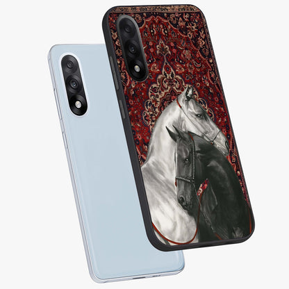 Regal Stallion Tapestry Glass Case for 1+Nord 5 angled mockup showcasing glossy finish and rich ornamental tones