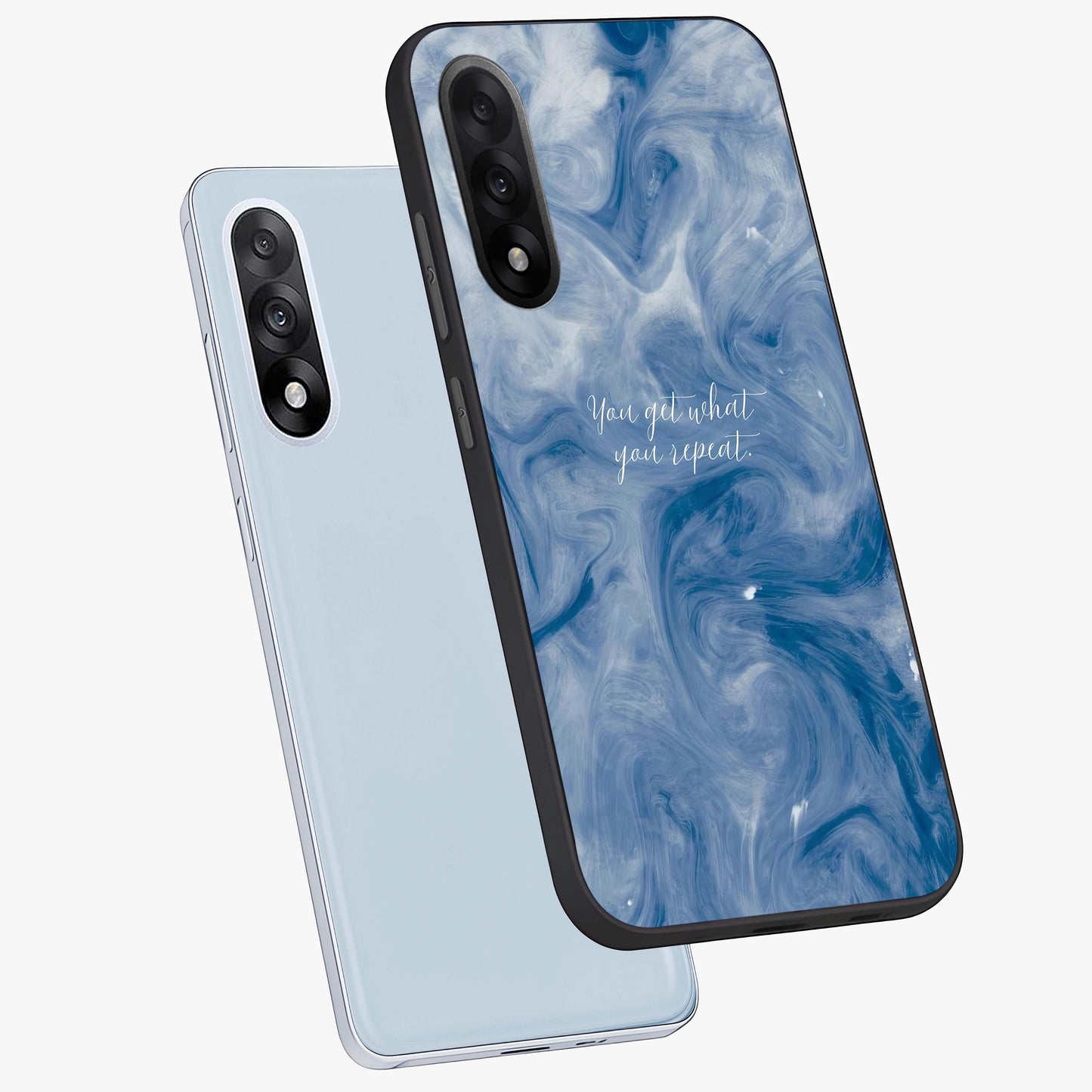 Repeat Your Destiny Glass Case for 1+Nord 5 angled mockup showcasing glossy finish and clean modern detailing