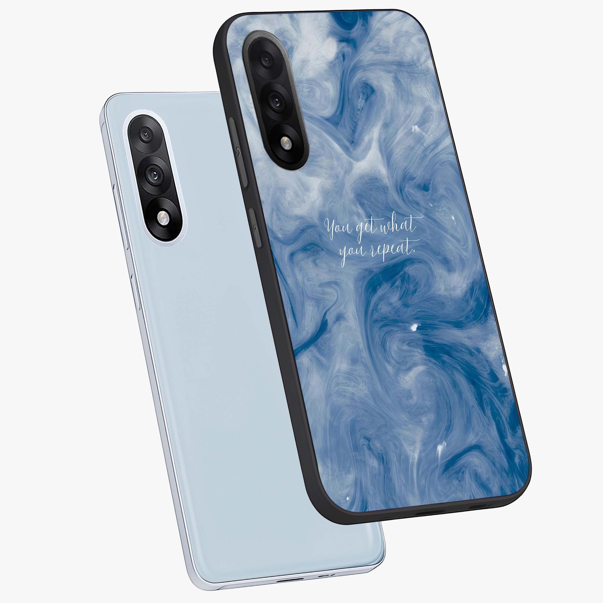 Repeat Your Destiny Glass Case for 1+Nord 5 angled mockup showcasing glossy finish and clean modern detailing