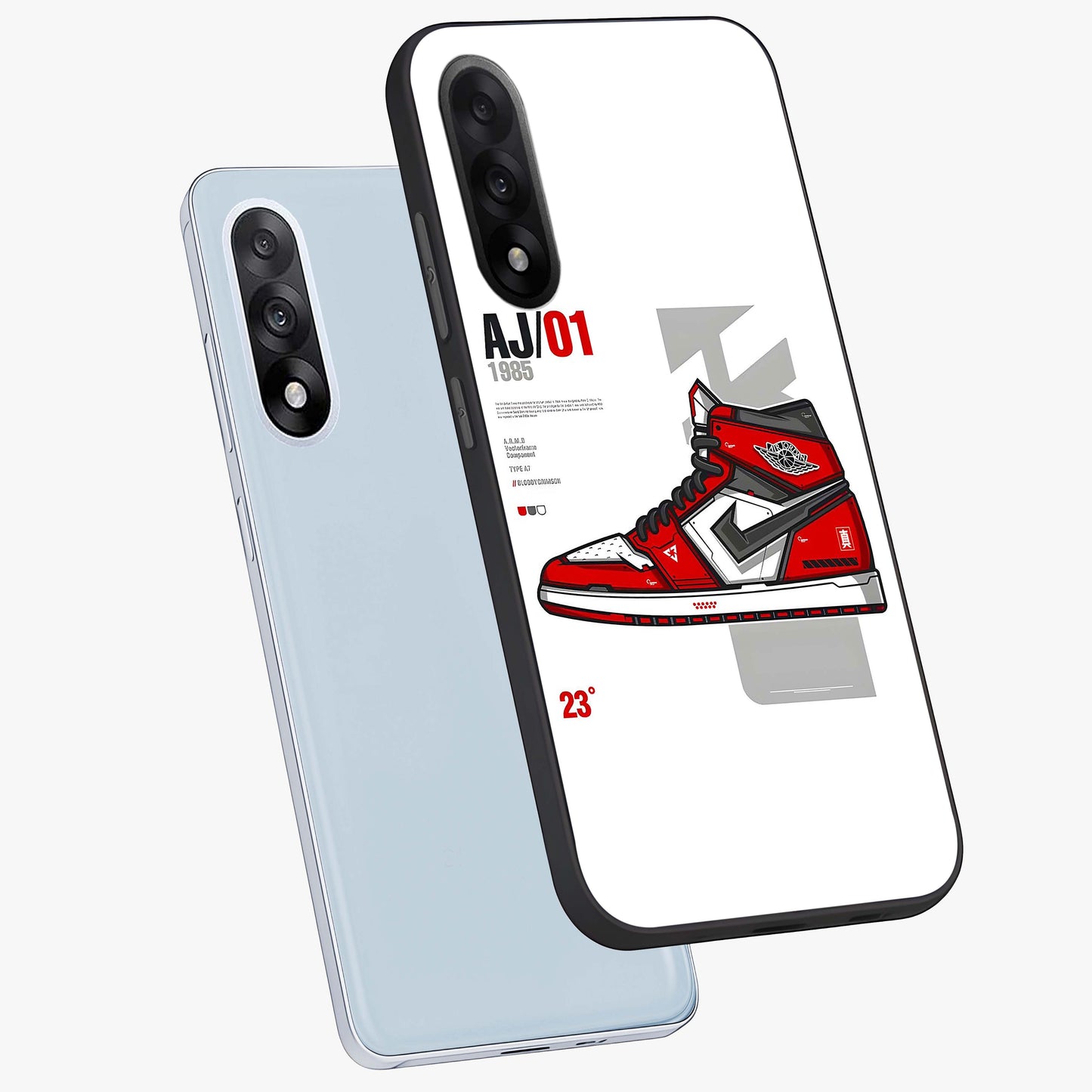 Retro Sneaker Blueprint Glass Case for 1+Nord 5 angled mockup showcasing glossy finish and sporty retro detailing