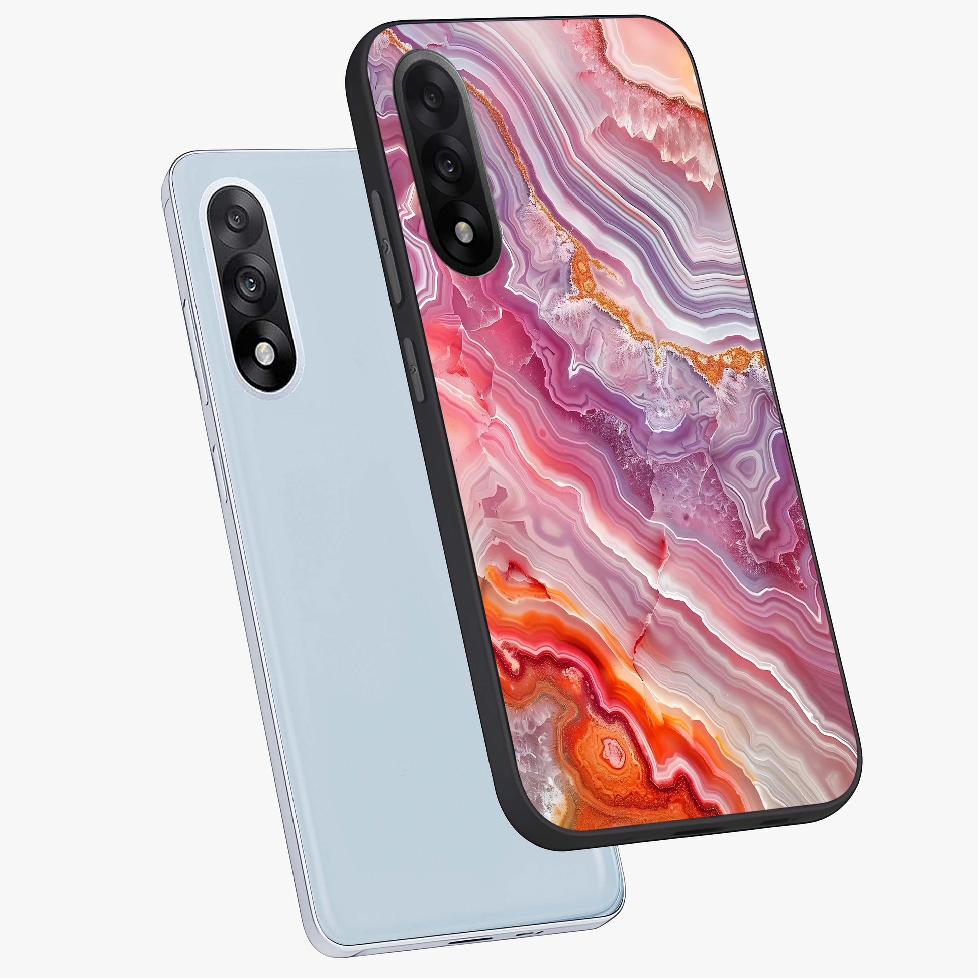 Rose Quartz Marble Glass Case for 1+Nord 5 angled mockup showcasing glossy finish and smooth quartz detailing