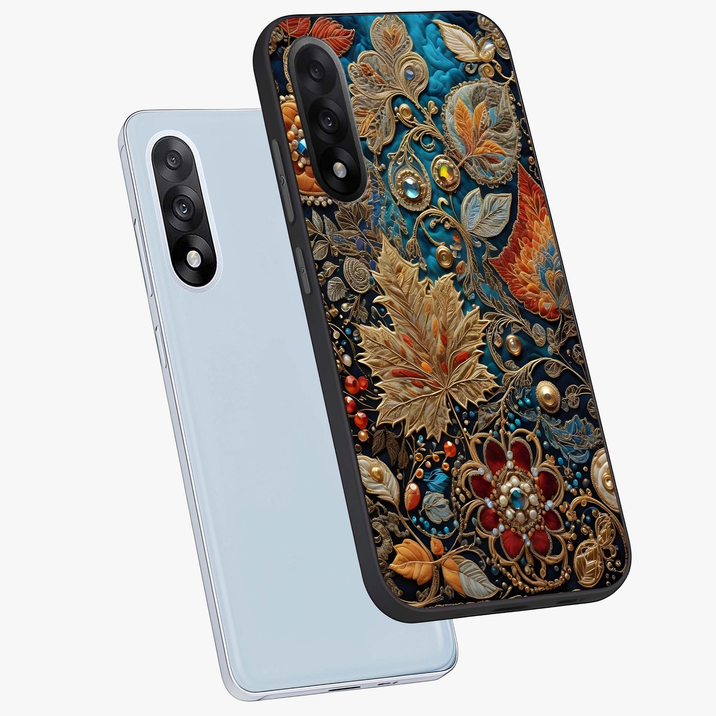 Royal Jewel Garden Glass Case for 1+Nord 5 angled mockup showcasing glossy finish and rich vibrant tones