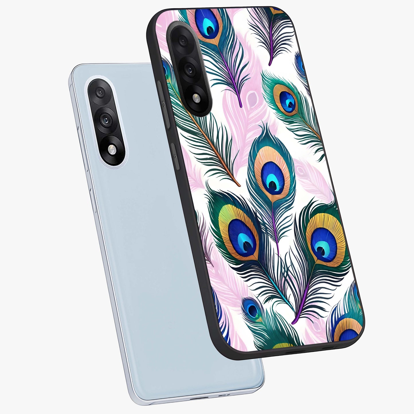 Royal Peacock Feathers Glass Case for 1+Nord 5 angled mockup showcasing glossy finish and rich blue green tones