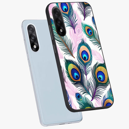 Royal Peacock Feathers Glass Case for 1+Nord 5 angled mockup showcasing glossy finish and rich blue green tones