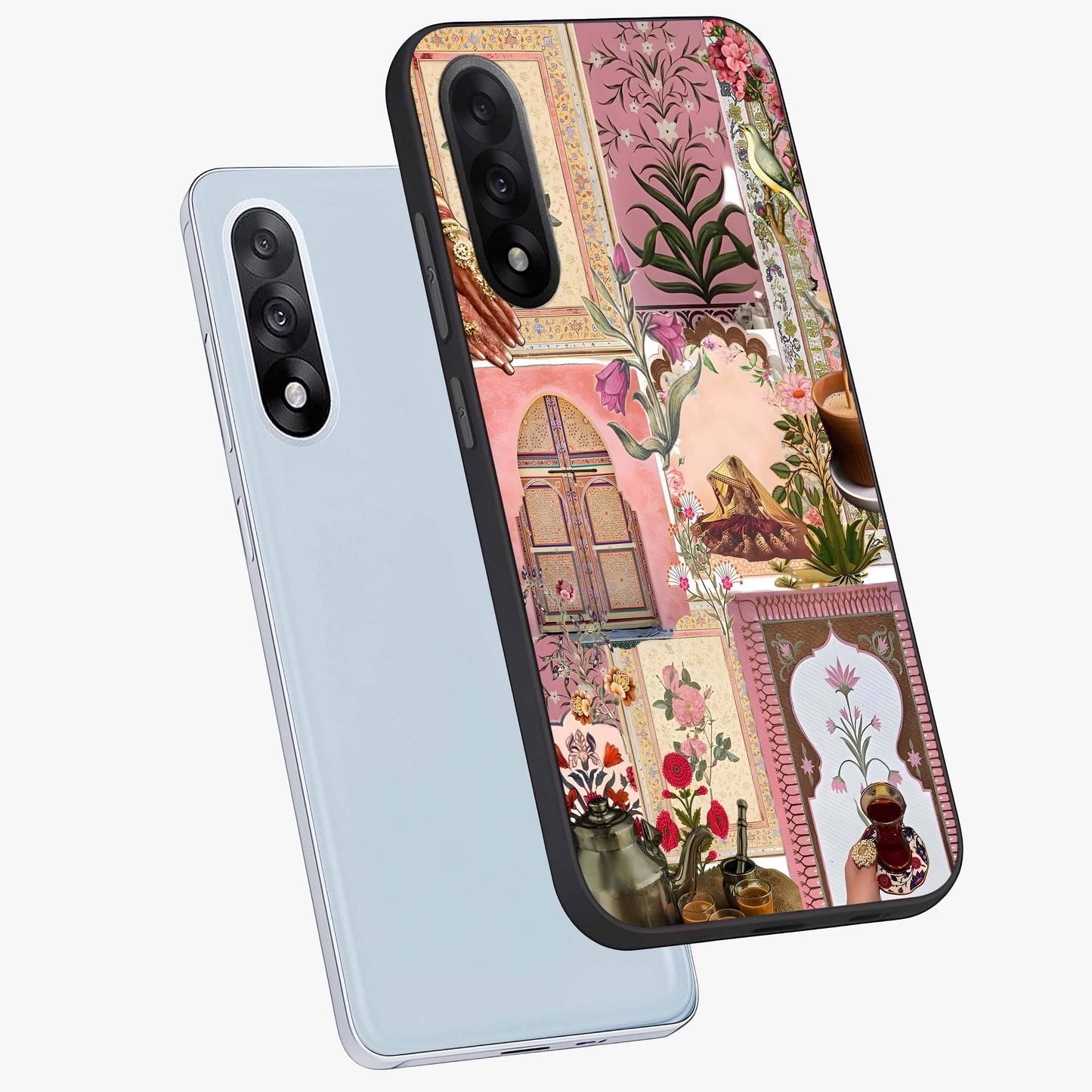 Royal Pink Legacy Glass Case for 1+Nord 5 angled mockup showcasing glossy finish and refined pastel tones