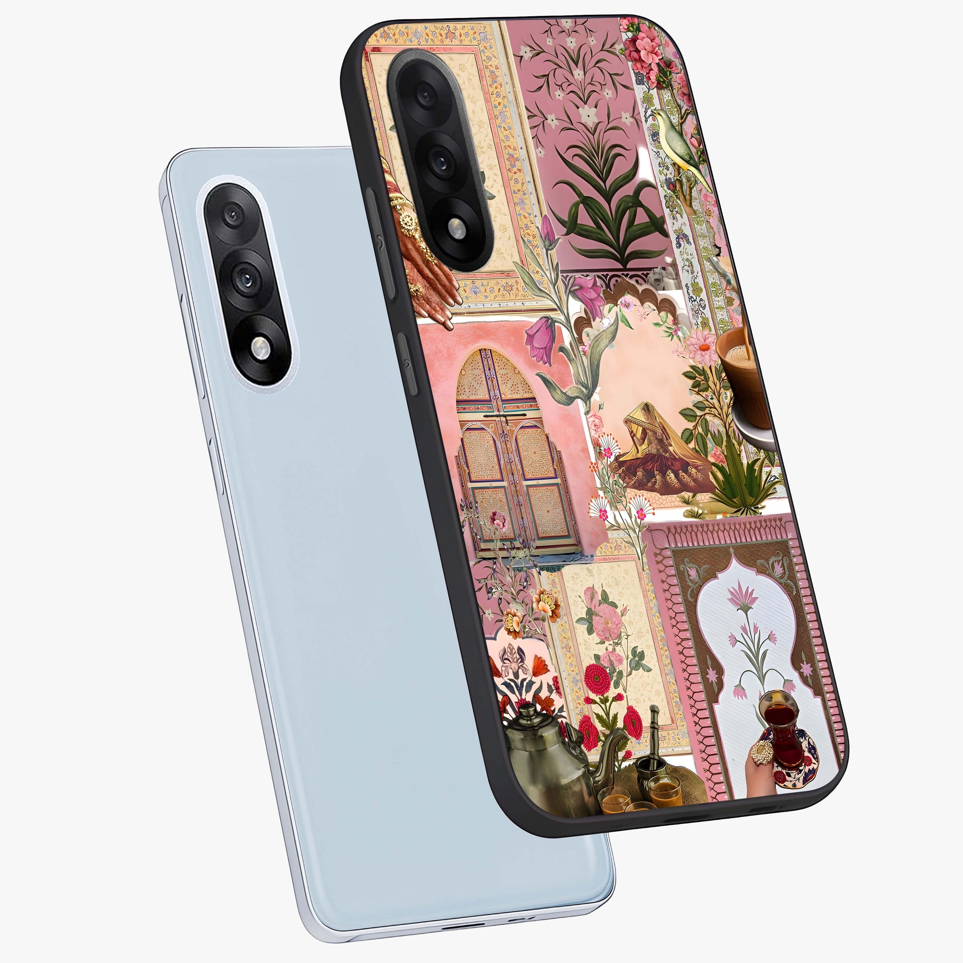 Royal Pink Legacy Glass Case for 1+Nord 5 angled mockup showcasing glossy finish and refined pastel tones