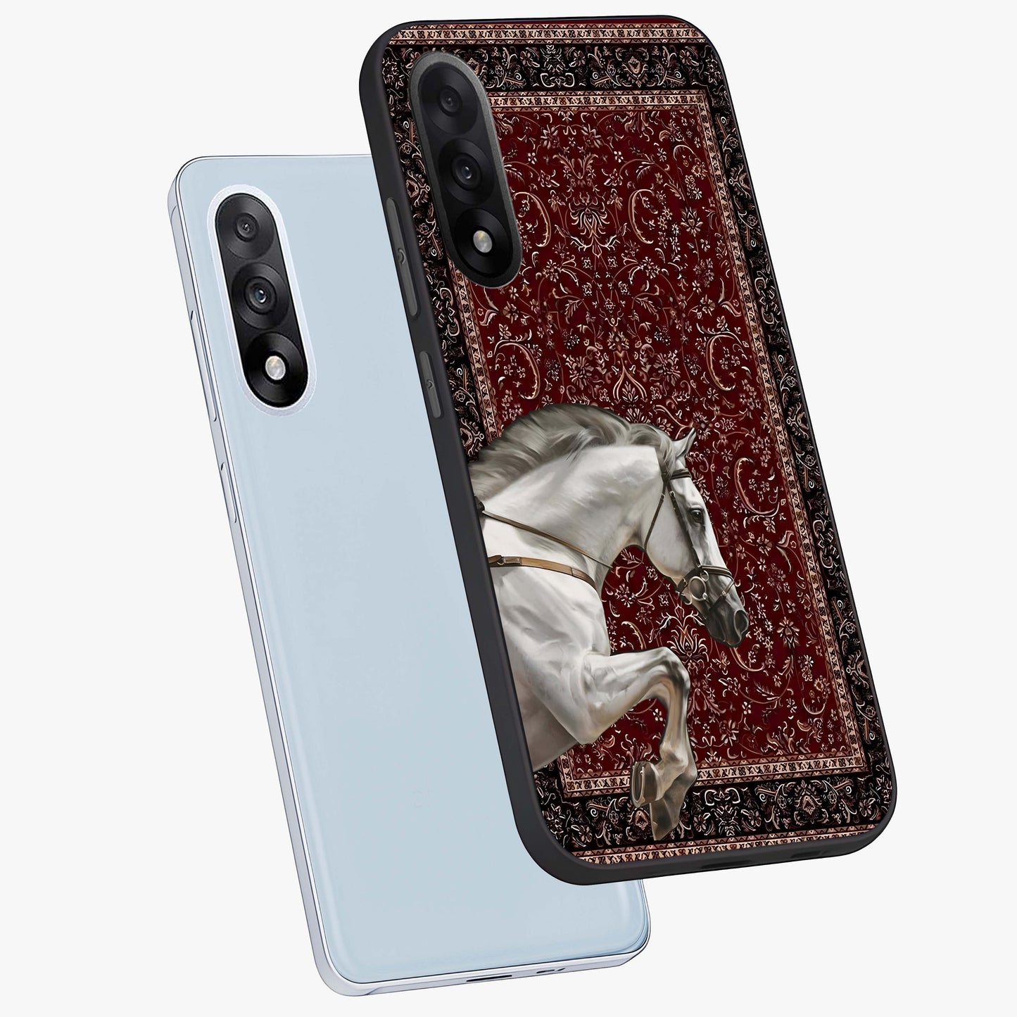 Royal Rider Tapestry Glass Case for 1+Nord 5 angled mockup showcasing glossy finish and heritage inspired detailing