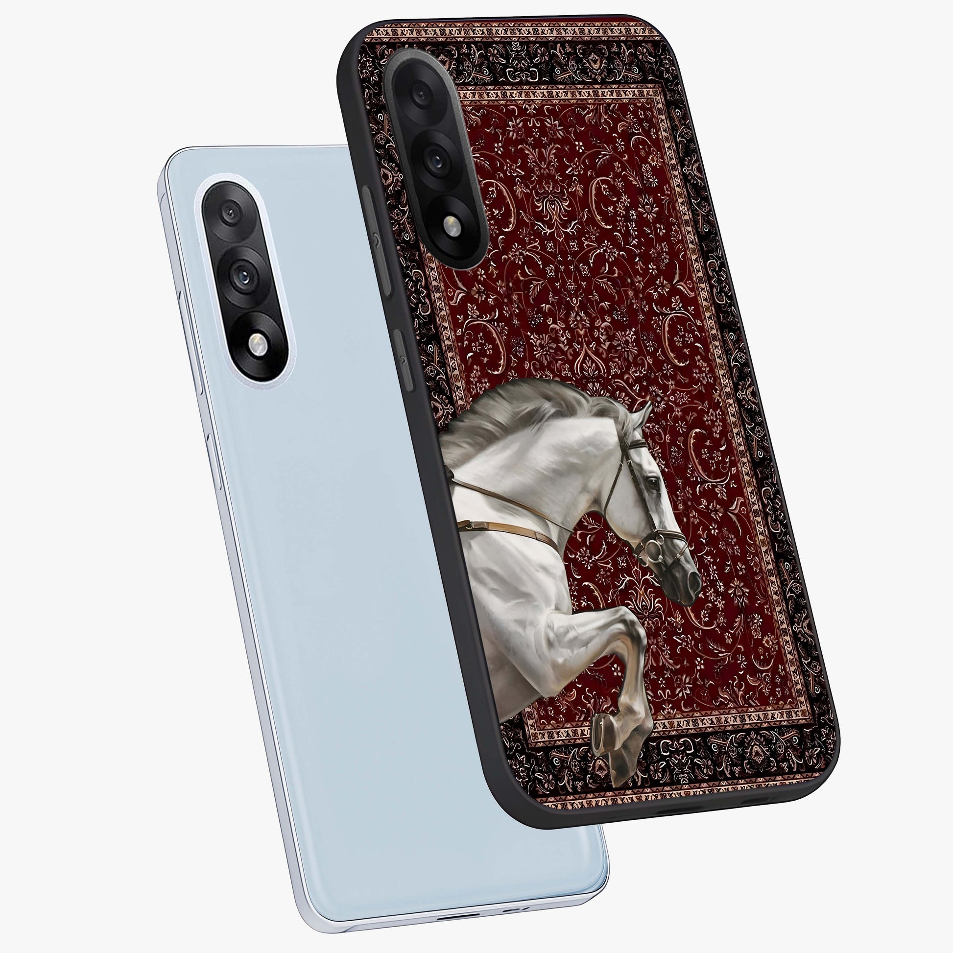 Royal Rider Tapestry Glass Case for 1+Nord 5 angled mockup showcasing glossy finish and heritage inspired detailing