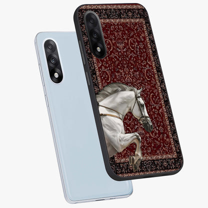 Royal Rider Tapestry Glass Case for 1+Nord 5 angled mockup showcasing glossy finish and heritage inspired detailing
