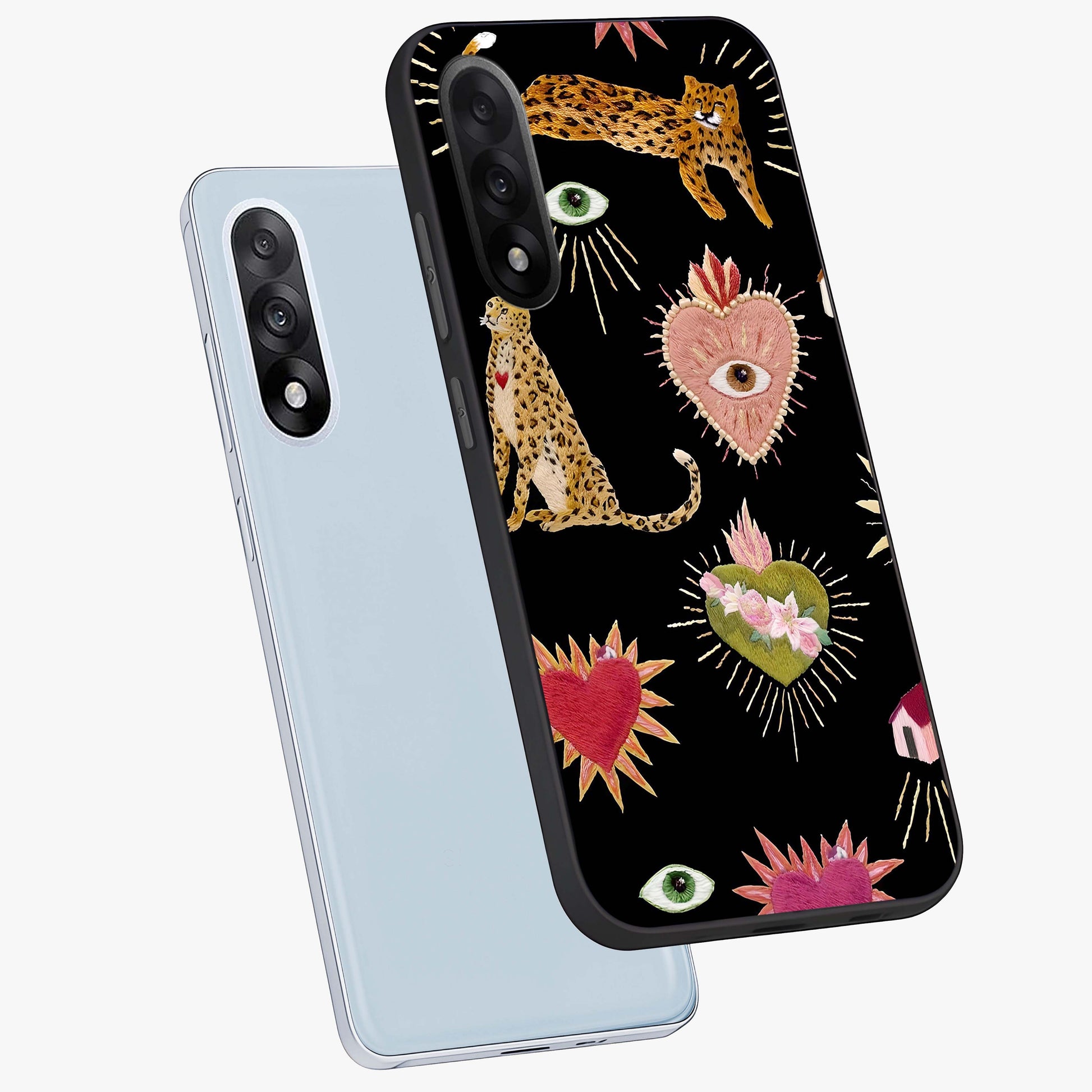 Sacred Jungle Heart Glass Case for 1+Nord 5 angled mockup showcasing glossy finish and rich green tones