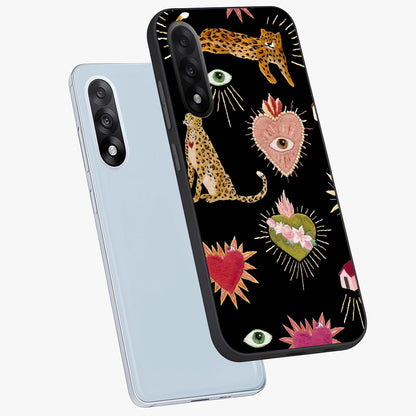 Sacred Jungle Heart Glass Case for 1+Nord 5 angled mockup showcasing glossy finish and rich green tones