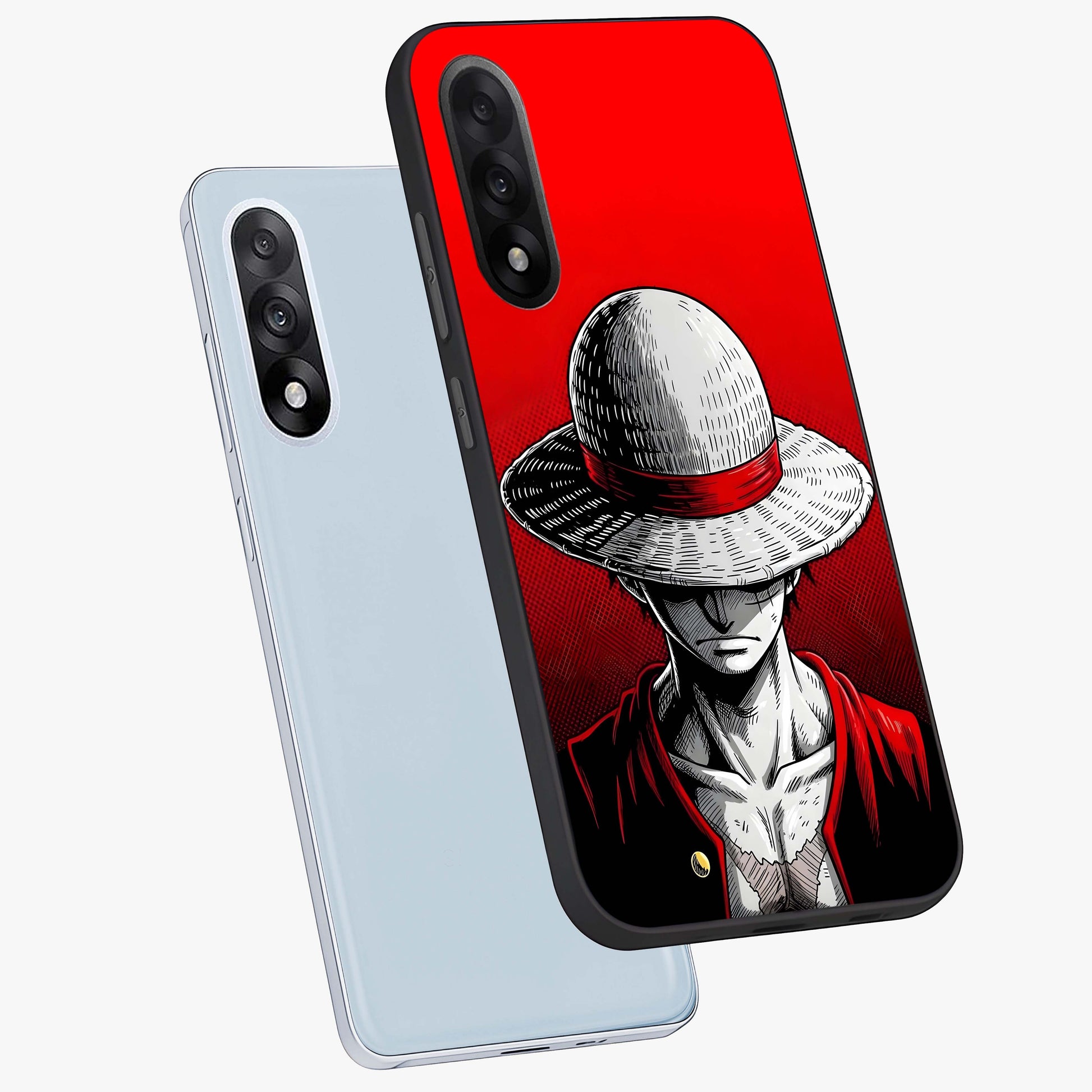 Scarlet Pirate Resolve Glass Case for 1+Nord 5 angled mockup showcasing glossy finish and dramatic adventurous tones