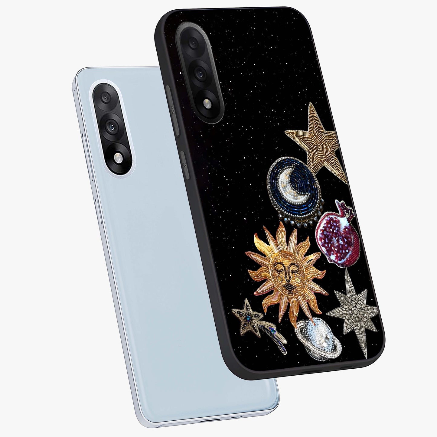 Scarlet Sky Flight Glass Case for 1+Nord 5 angled mockup showcasing glossy glass finish and vibrant sunset gradients