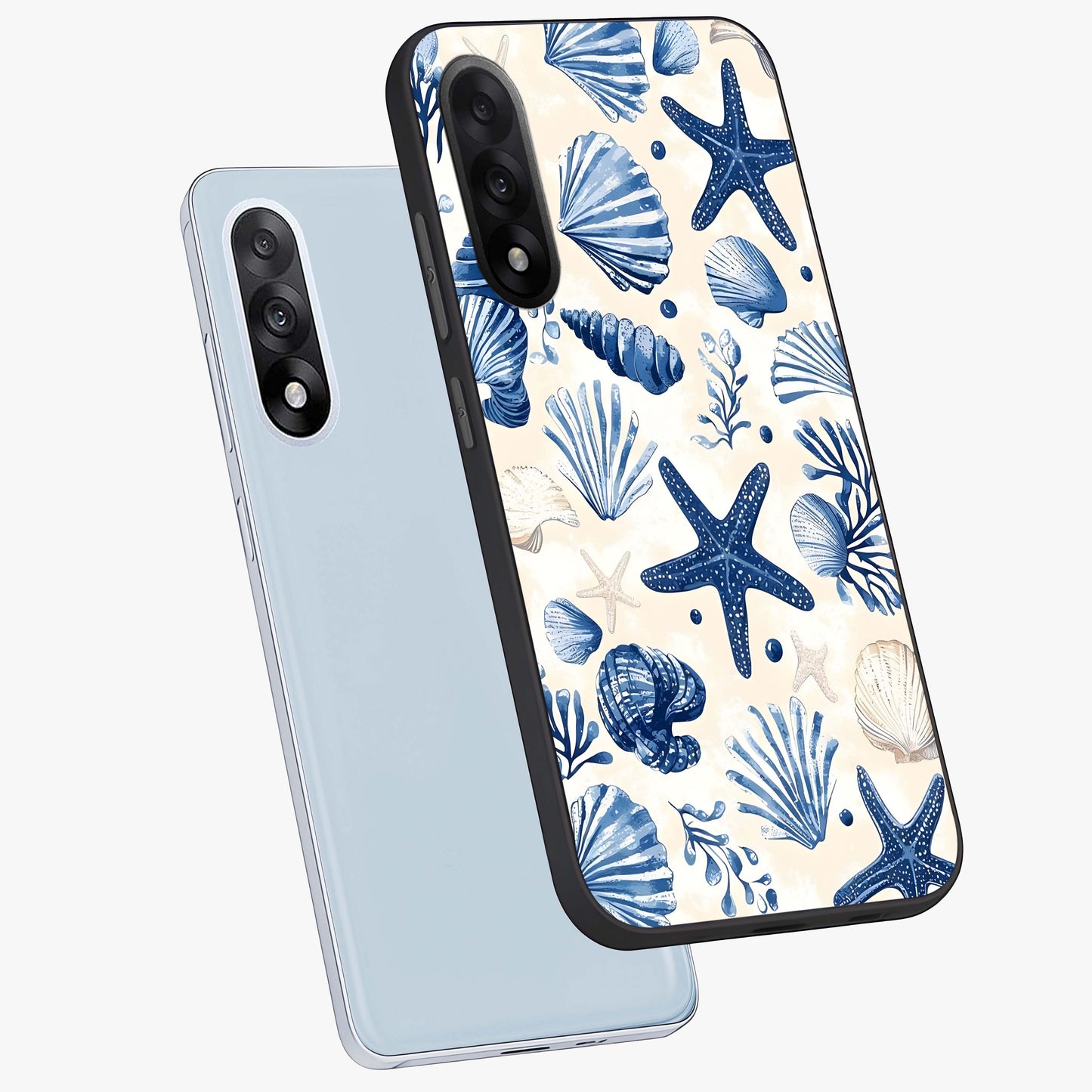 Seaside Starfish Magic Glass Case for 1+Nord 5 angled mockup showcasing glossy finish and coastal pastel detailing