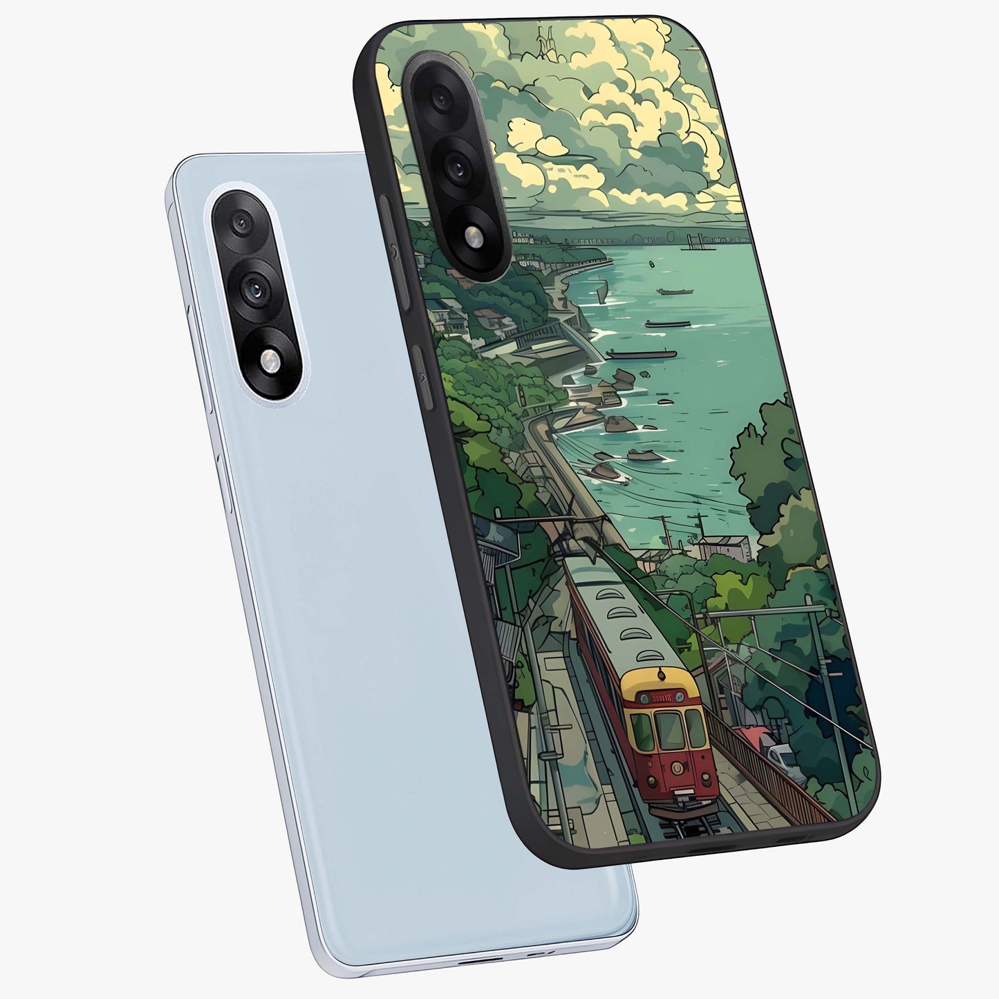 Seaside Train Ride Glass Case for 1+Nord 5 angled mockup showcasing glossy finish and calming ocean gradients