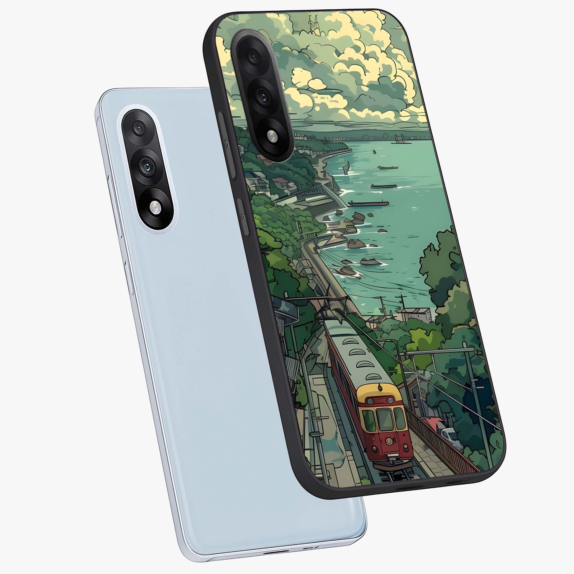 Seaside Train Ride Glass Case for 1+Nord 5 angled mockup showcasing glossy finish and calming ocean gradients