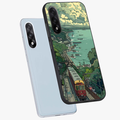 Seaside Train Ride Glass Case for 1+Nord 5 angled mockup showcasing glossy finish and calming ocean gradients