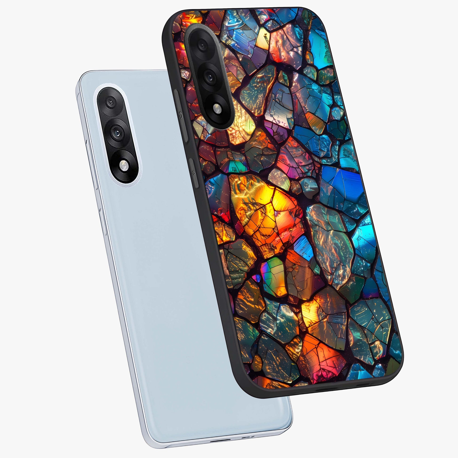 Shattered Light Glass Case for 1+Nord 5 angled mockup showcasing glossy finish and high contrast detailing