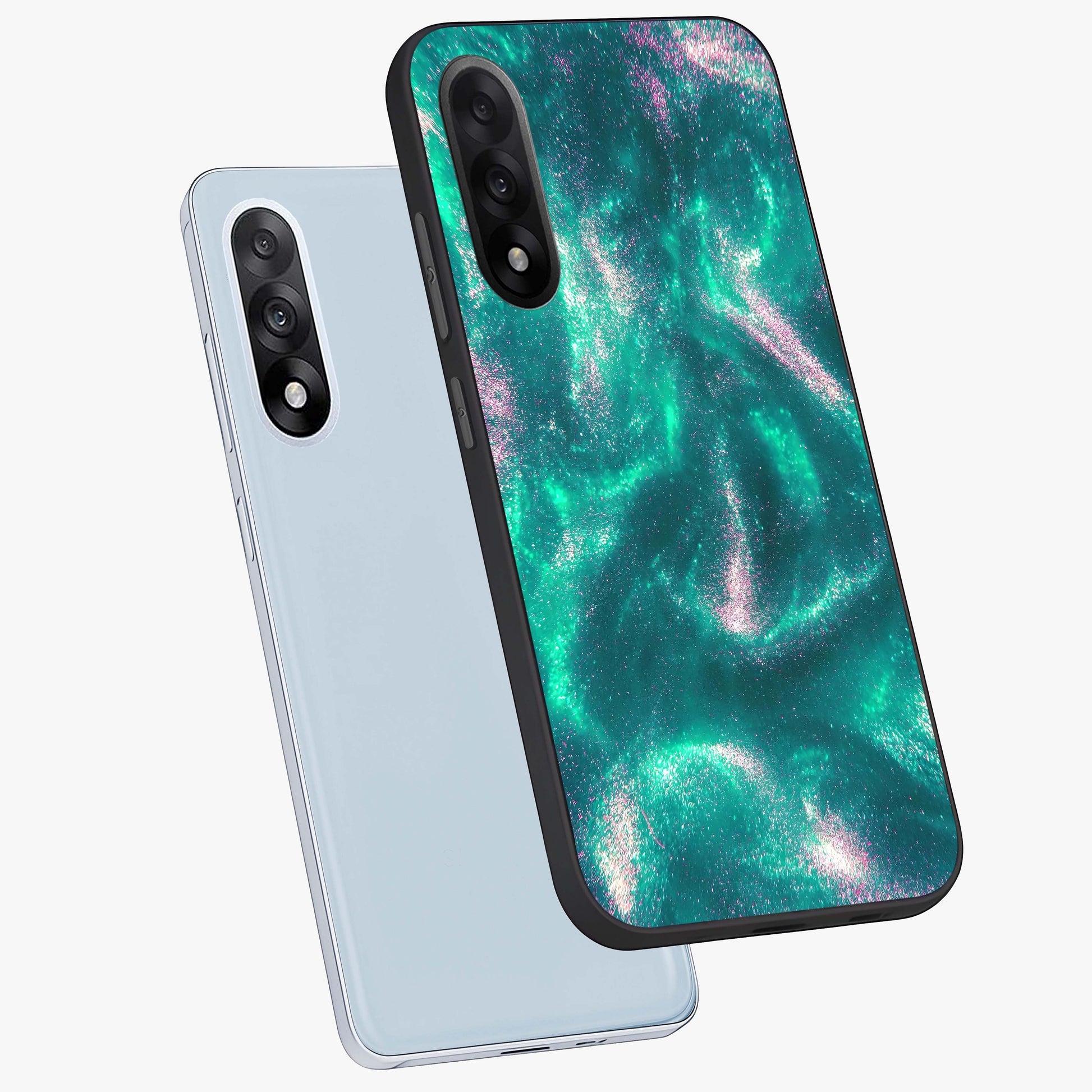 Shimmering Nebula Waves Glass Case for 1+Nord 5 angled mockup showcasing glossy finish and deep space gradients