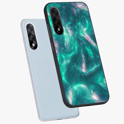 Shimmering Nebula Waves Glass Case for 1+Nord 5 angled mockup showcasing glossy finish and deep space gradients