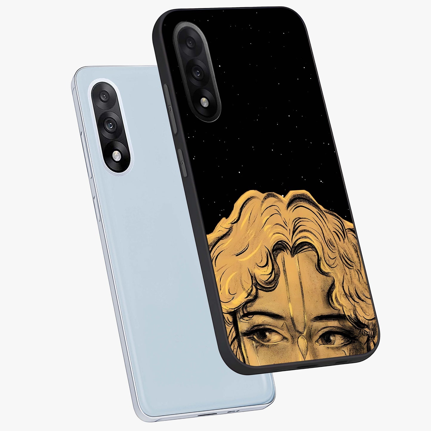 Shri Krishna Art Glass Case for 1+Nord 5 angled mockup showcasing glossy finish and vibrant spiritual tones