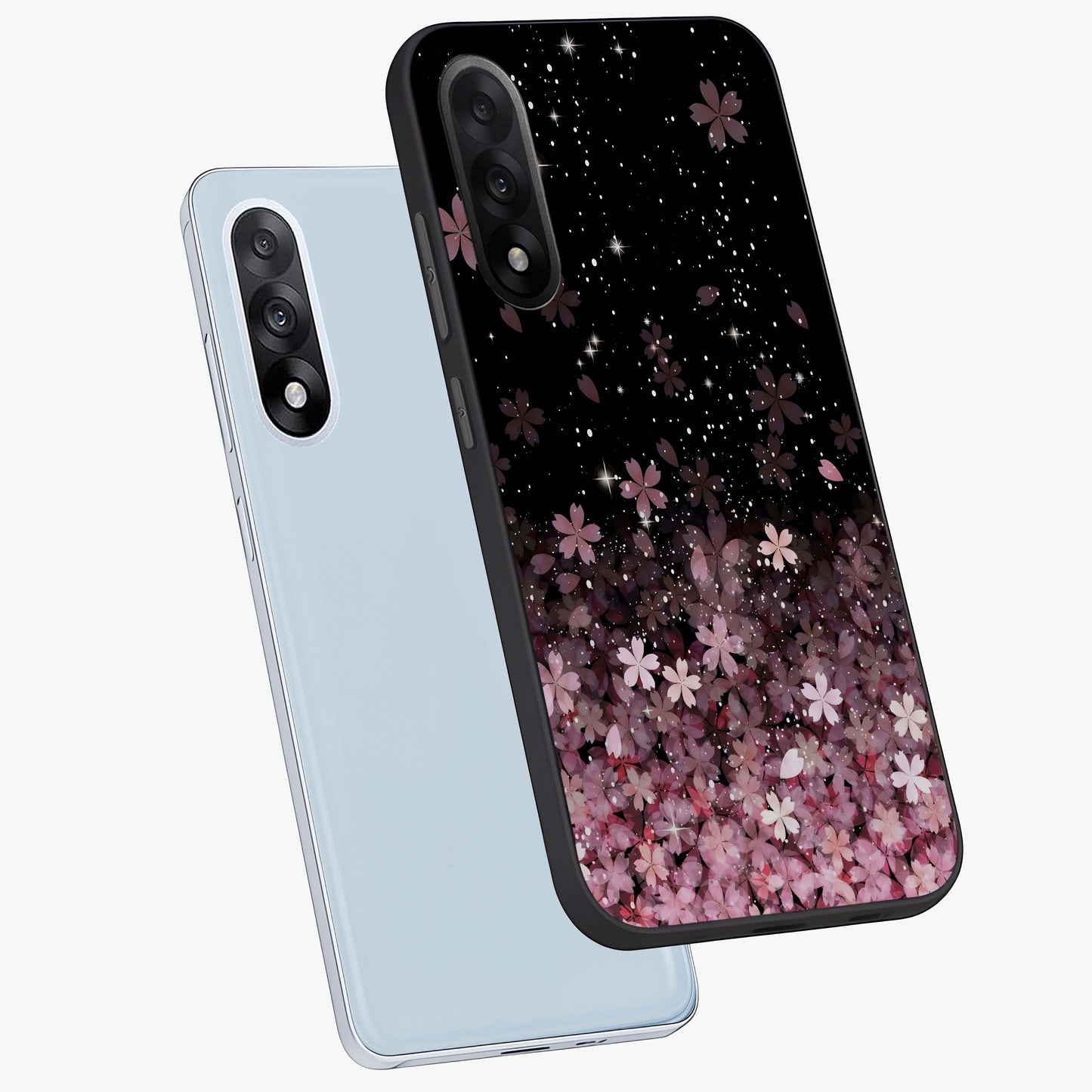Small Starry Flowers Glass Case for 1+Nord 5 angled mockup showcasing glossy finish and soft pastel tones