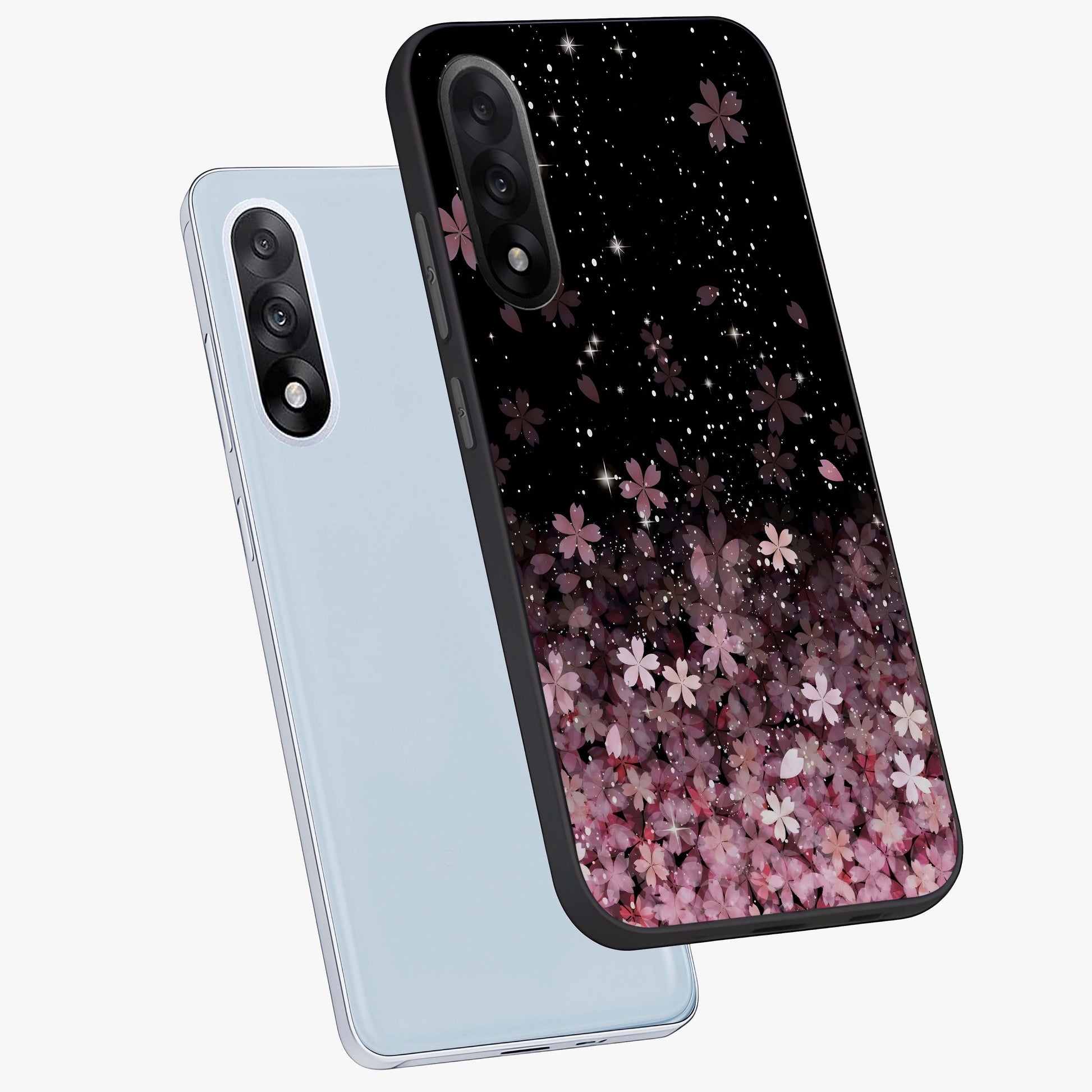 Small Starry Flowers Glass Case for 1+Nord 5 angled mockup showcasing glossy finish and soft pastel tones